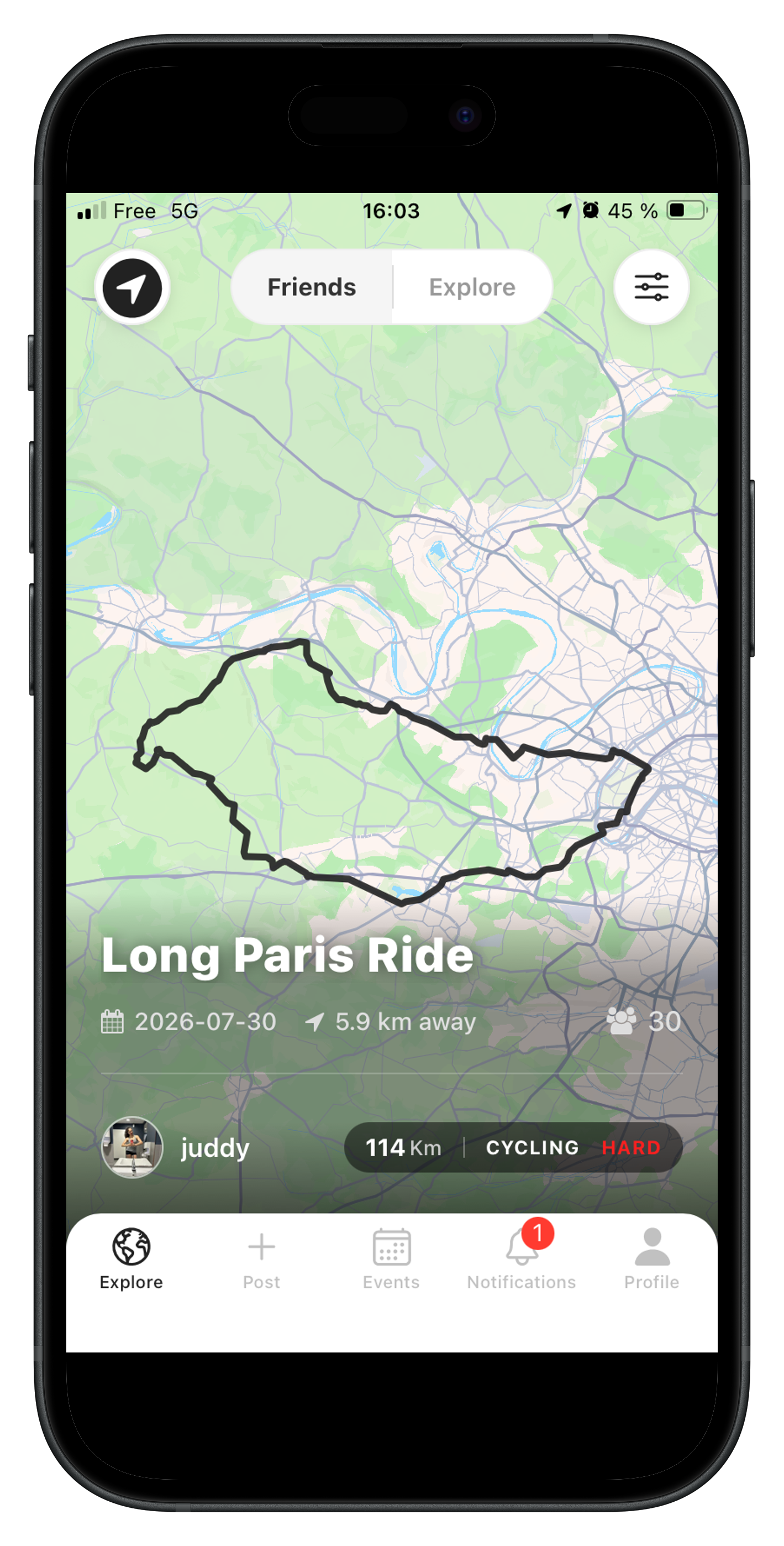 Tempo app screen showing Long Paris Ride